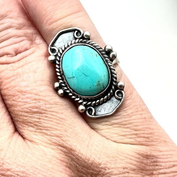 Native American Womens Ring Sterling Silver Blue Turquoise Size 5 - Picture 3 of 6